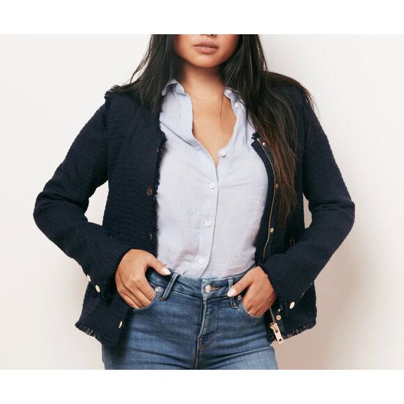 One Third S Navy Blue Tweed Fringe Trim Blazer Jacket 01 Zip Front Collarless - Picture 9 of 9